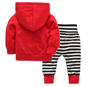 Hooded Red sweater w/ Black & White stripes