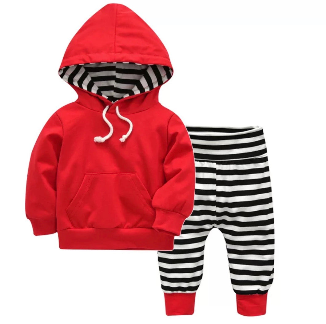 Hooded Red sweater w/ Black & White stripes