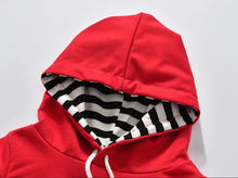 Load image into Gallery viewer, Hooded Red sweater w/ Black &amp; White stripes